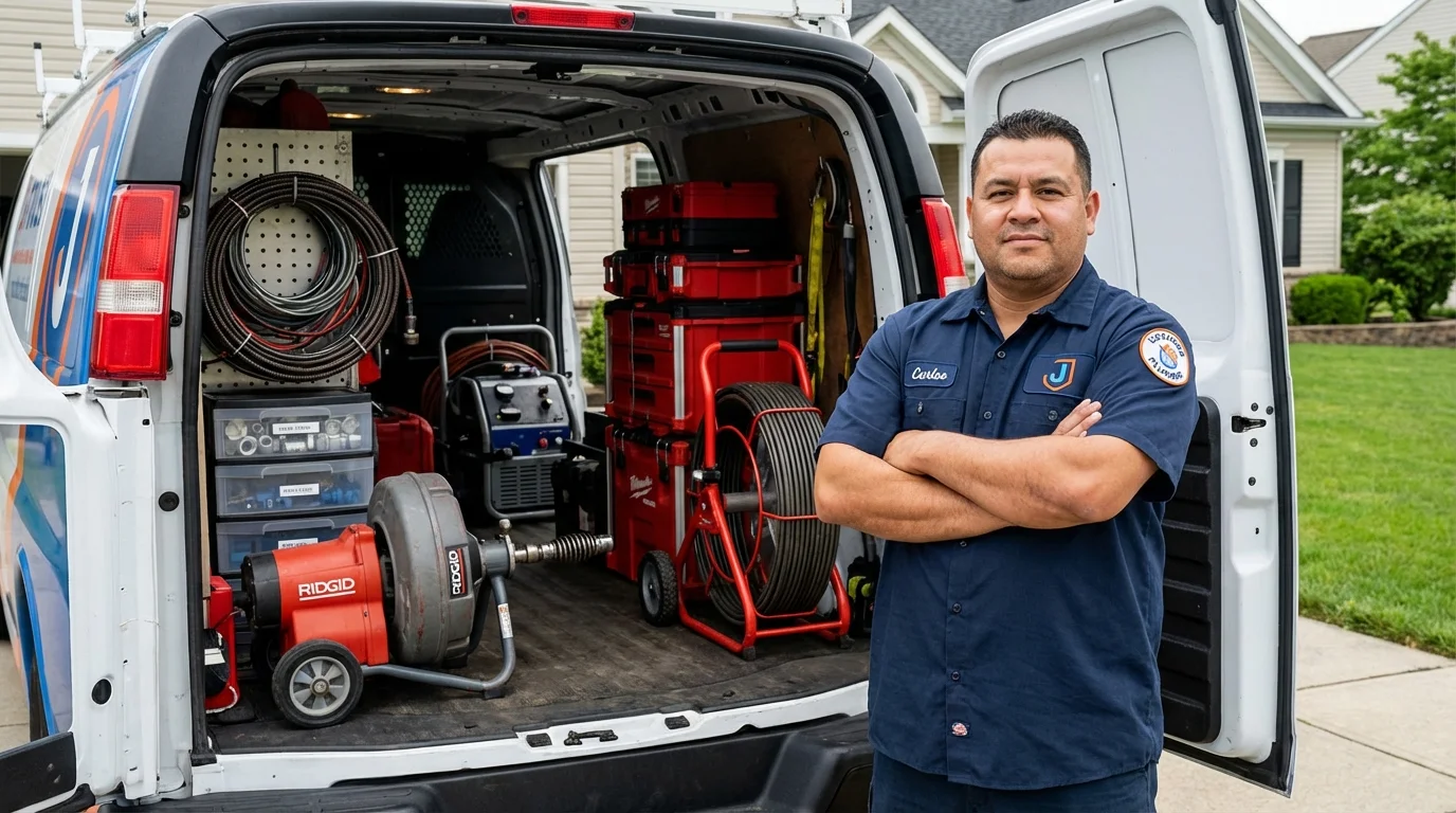 Professional drain cleaning equipment and Johns Plumbing LLC plumber in Hampden