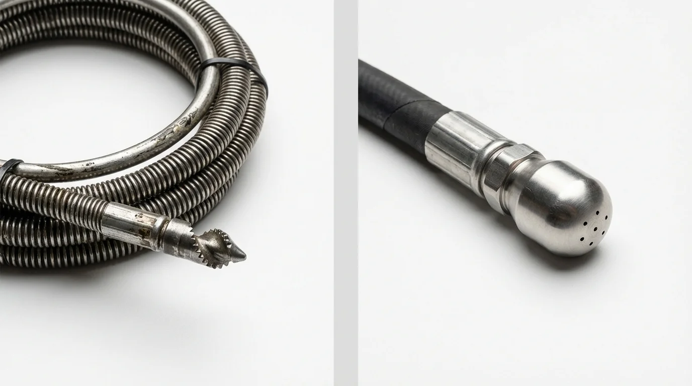 Drain snake cable and hydro jetting nozzle used for drain cleaning in Hampden, ME
