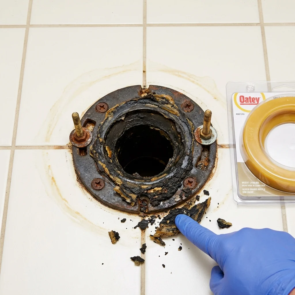 Failed wax ring showing water seepage at the base of a toilet in a Hampden, ME home