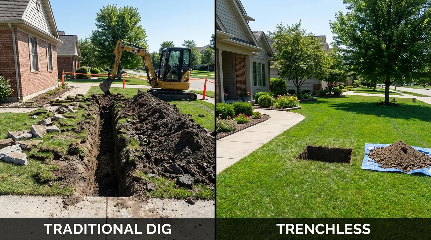Trenchless sewer repair with minimal yard damage versus traditional excavation in Hampden, ME