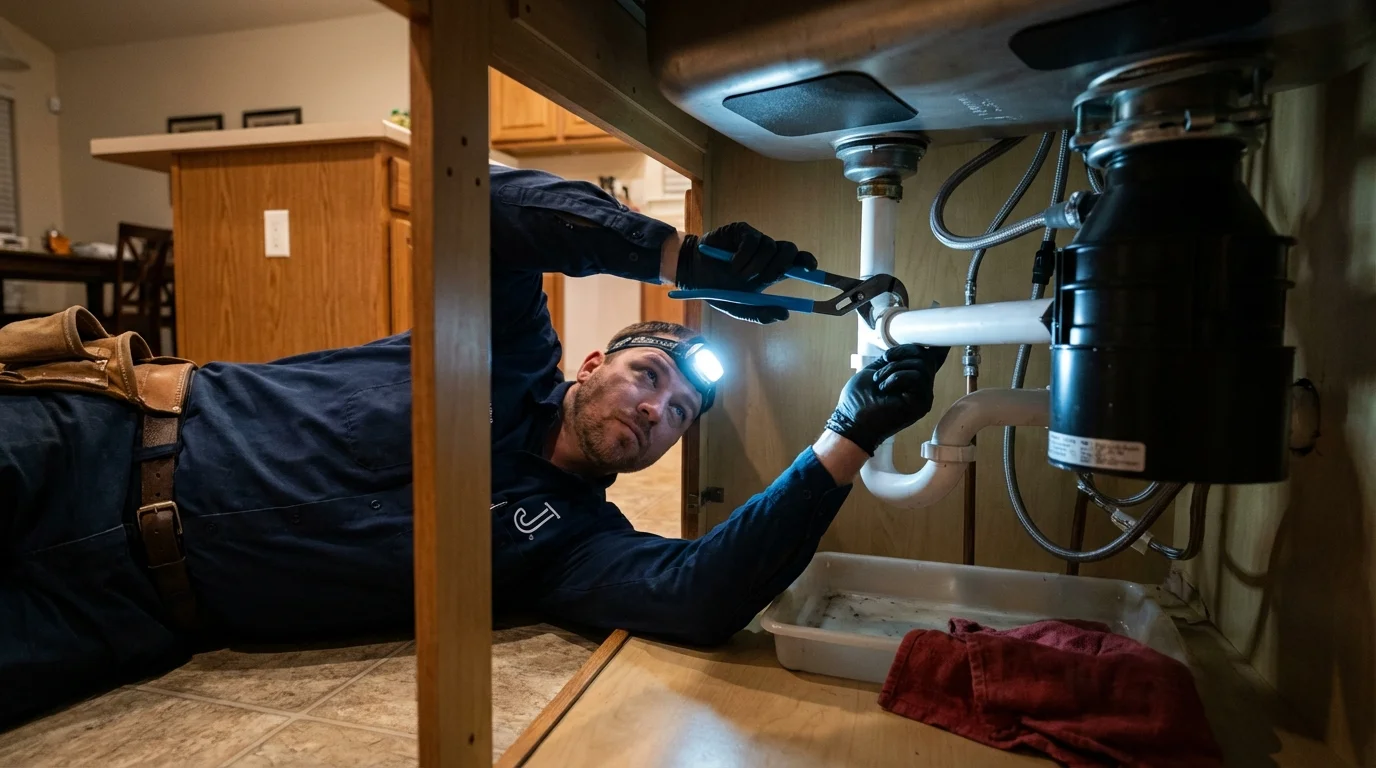 P-trap and supply line connections under a kitchen sink showing a common leak point in Hampden, ME